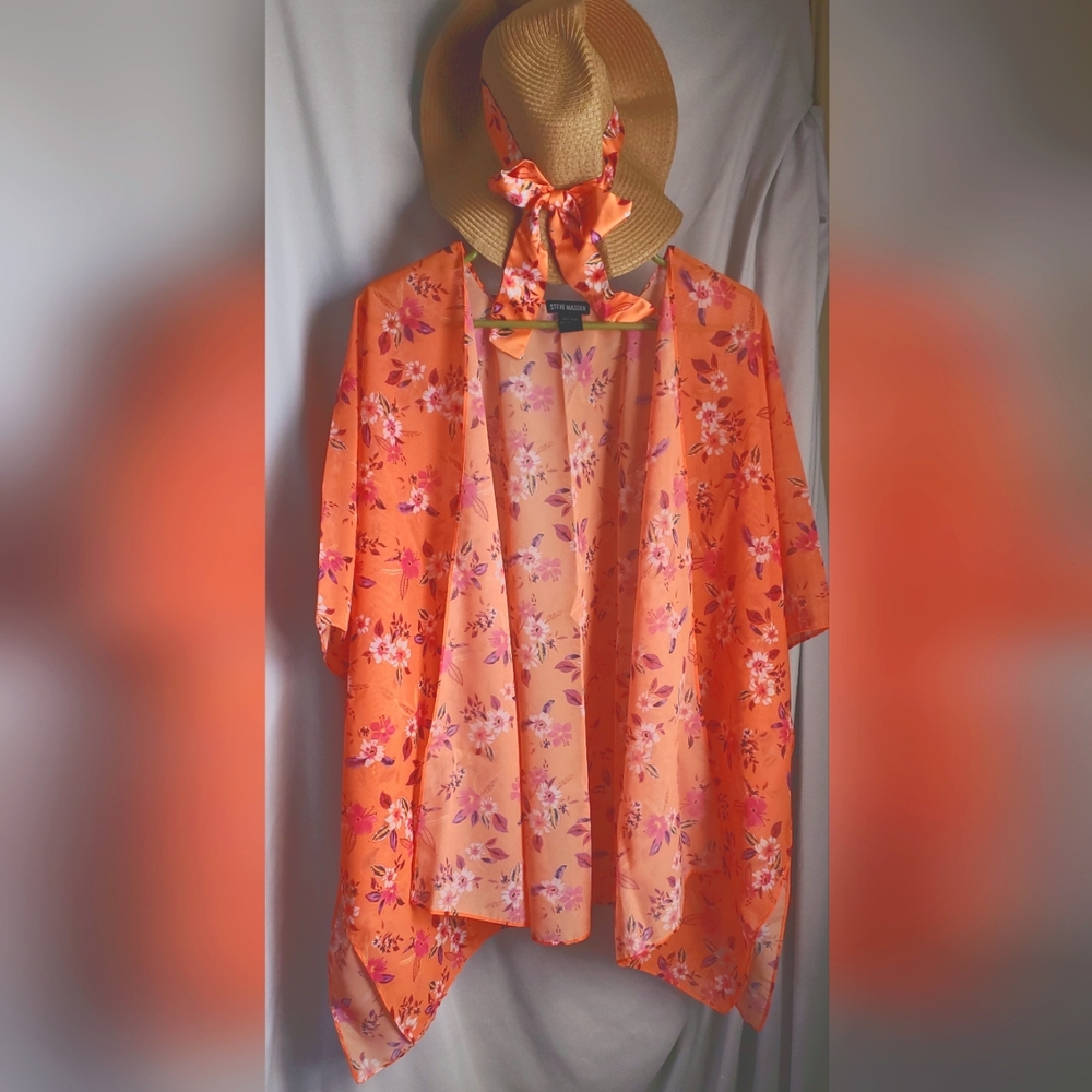 New! STEVE MADDEN Packable Hat and Ruana Swim Coverup Orange One Size.
